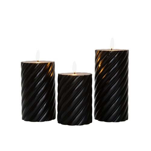 Anna’s Collection 3st. LED Swirl outdoor wax stompkaars zwart - Ø 7,5 x H 10/12,5/15 cm