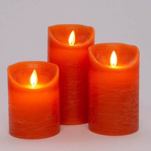Anna’s Collection 3st. LED Rustiek wax stompkaars Oranje - Ø 7,5 x H 10/12,5/15 cm - afbeelding 2