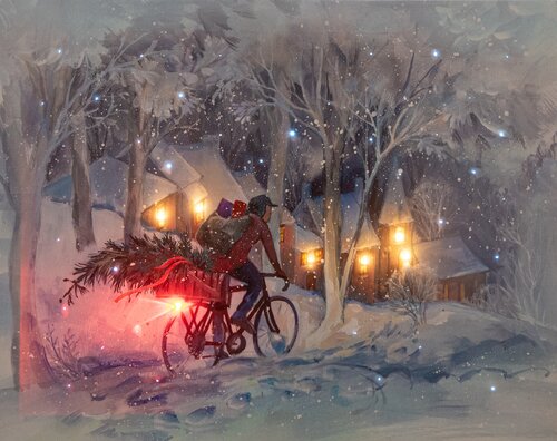 Anna's Collection Canvas 'Kerstboom en fietser' met verlichting - B 48 x H 38 cm