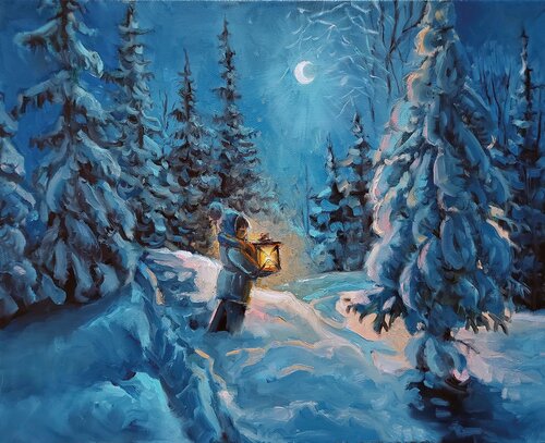Anna's Collection Canvas 'Kind met lantaarn' met verlichting - B 48 x H 38 cm