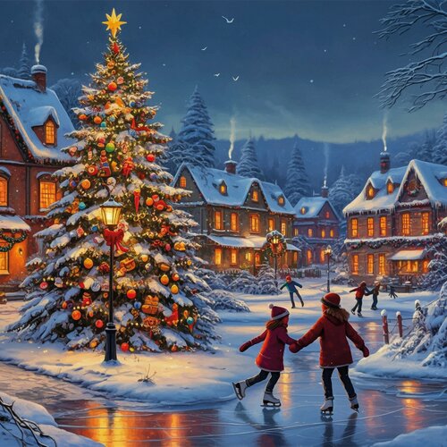 Anna's Collection Canvas 'Schaatsende kinderen' met verlichting - B 38 x H 38 cm