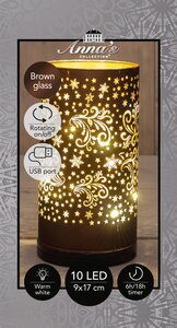 Anna's Collection Cilinder glas draaiend LED - B9xH17cm Chocoladebruin - afbeelding 3