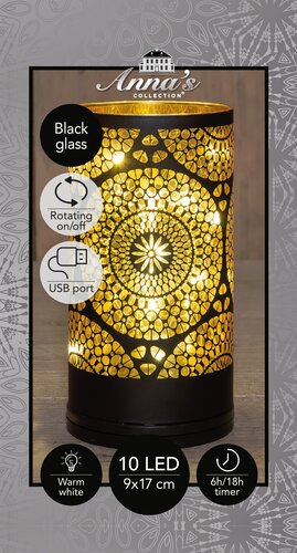 Anna's Collection Cilinder glas draaiend LED - B9xH17cm Zwart met cirkels - afbeelding 3