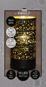 Anna's Collection Cilinder glas draaiend LED - B9xH17cm Zwart met sterren - afbeelding 3