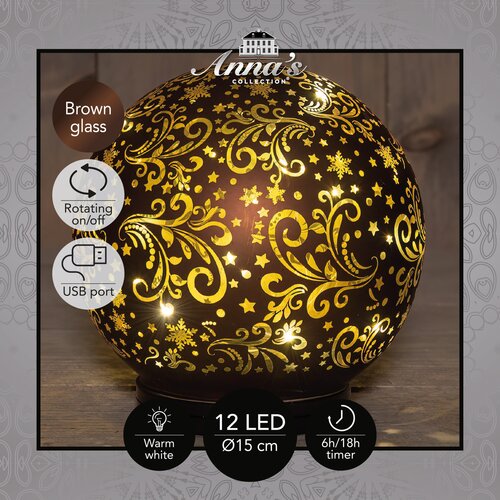 Anna's Collection Decoratiebal glas draaiend bruin met verlichting - D 15 cm - afbeelding 3