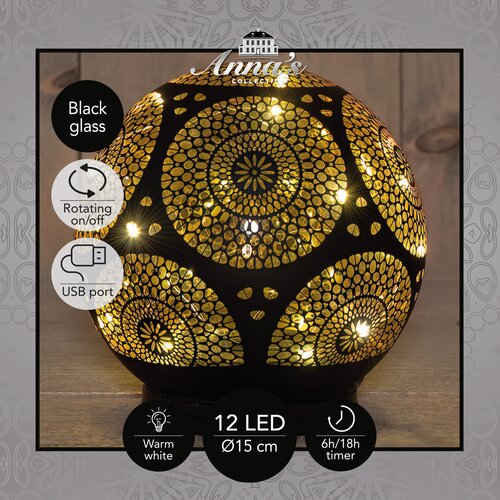 Anna's Collection Decoratiebal glas draaiend met cirkels zwart met verlichting - D 15 cm - afbeelding 4
