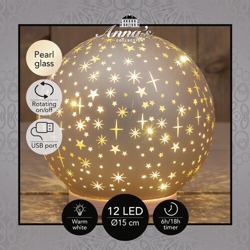 Anna's Collection Decoratiebal glas draaiend met sterren mat champagne met verlichting - D 15 cm - afbeelding 3