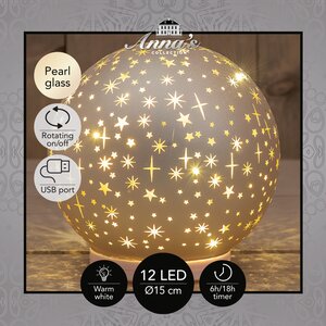 Anna's Collection Decoratiebal glas draaiend met sterren mat champagne met verlichting - D 15 cm - afbeelding 3