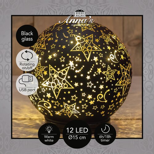 Anna's Collection Decoratiebal glas draaiend met sterren zwart met verlichting - D 15 cm - afbeelding 3