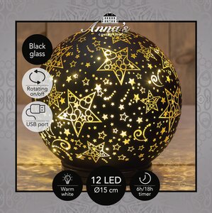 Anna's Collection Decoratiebal glas draaiend met sterren zwart met verlichting - D 15 cm - afbeelding 3