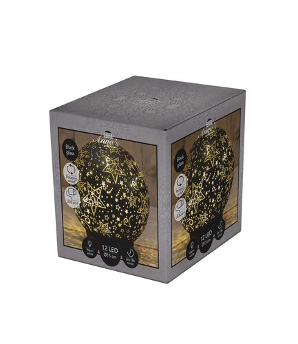 Anna's Collection Decoratiebal glas draaiend met sterren zwart met verlichting - D 15 cm - afbeelding 1