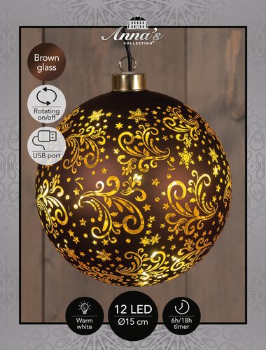 Anna's Collection Kerstbal glas draaiend bruin met verlichting - D 15 cm - afbeelding 3