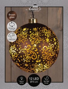 Anna's Collection Kerstbal glas draaiend bruin met verlichting - D 15 cm - afbeelding 3