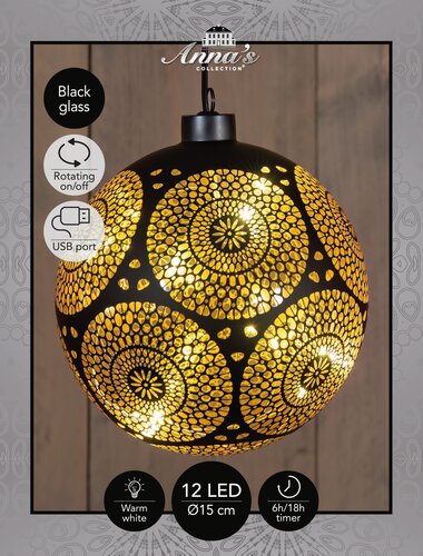 Anna's Collection Kerstbal glas draaiend met cirkels zwart met verlichting - D 15 cm - afbeelding 3