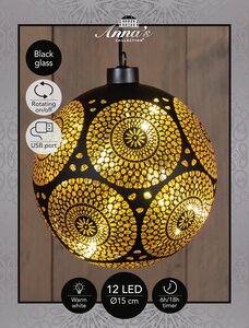 Anna's Collection Kerstbal glas draaiend met cirkels zwart met verlichting - D 15 cm - afbeelding 3