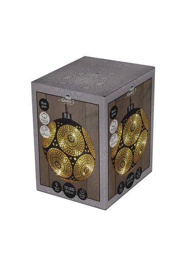 Anna's Collection Kerstbal glas draaiend met cirkels zwart met verlichting - D 15 cm - afbeelding 1