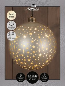 Anna's Collection Kerstbal glas draaiend met sterren mat champagne met verlichting - D 15 cm - afbeelding 3