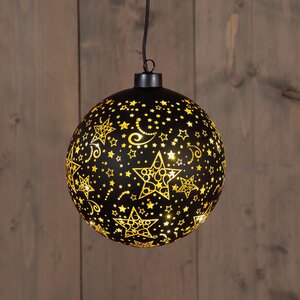 Anna's Collection Kerstbal glas draaiend met sterren zwart met verlichting - D 15 cm - afbeelding 2