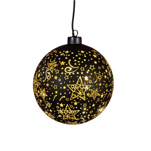 Anna's Collection Kerstbal glas draaiend met sterren zwart met verlichting - D 15 cm - afbeelding 4