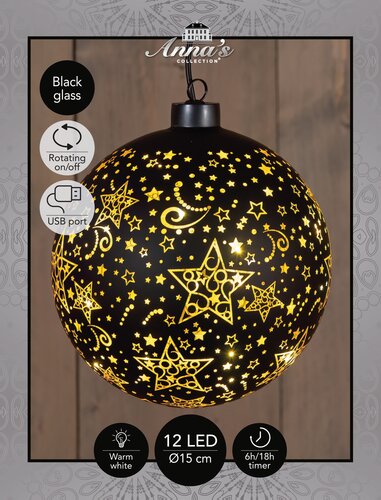 Anna's Collection Kerstbal glas draaiend met sterren zwart met verlichting - D 15 cm - afbeelding 3