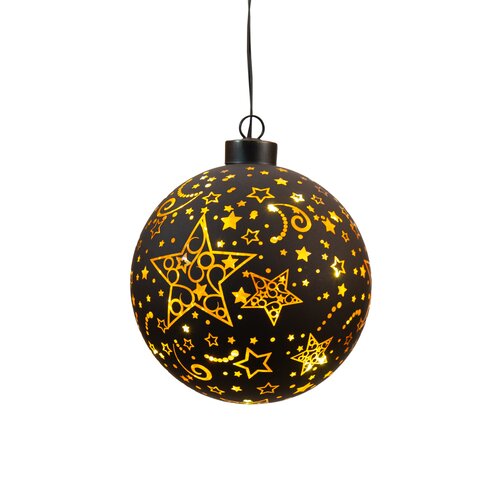 Anna's Collection Kerstbal glas met sterren zwart/goud met verlichting - Ø 10 cm