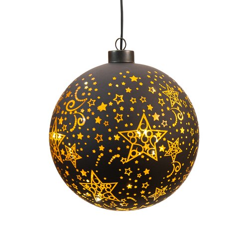 Anna's Collection Kerstbal glas met sterren zwart/goud met verlichting - Ø 15 cm