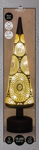 Anna's Collection Kerstboom glas zwart met cirkels - draaifunctie en verlichting - D 9 x H 39 cm - afbeelding 3