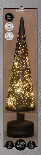 Anna's Collection Kerstboom glas zwart met sterren - draaifunctie en verlichting - D 9 x H 39 cm - afbeelding 3