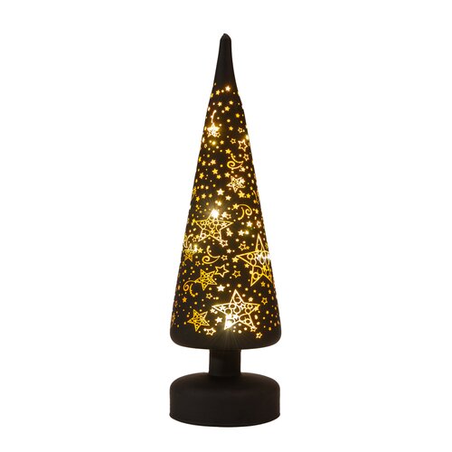 Anna's Collection Kerstboompje glas met sterren zwart met verlichting - Ø 9 x H 30 cm