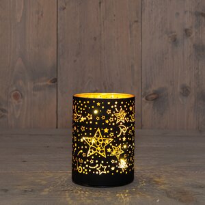 Anna's Collection LED-cilinder glas sterrenmotief - H12xD9cm Zwart - afbeelding 3