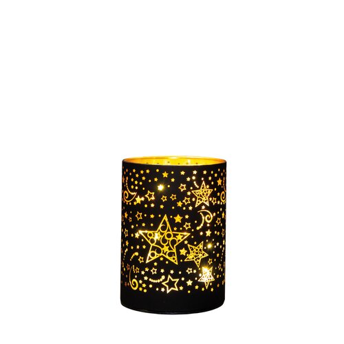 Anna's Collection LED-cilinder glas sterrenmotief - H12xD9cm Zwart - afbeelding 4