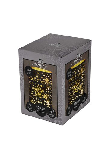 Anna's Collection LED-cilinder glas sterrenmotief - H12xD9cm Zwart - afbeelding 2