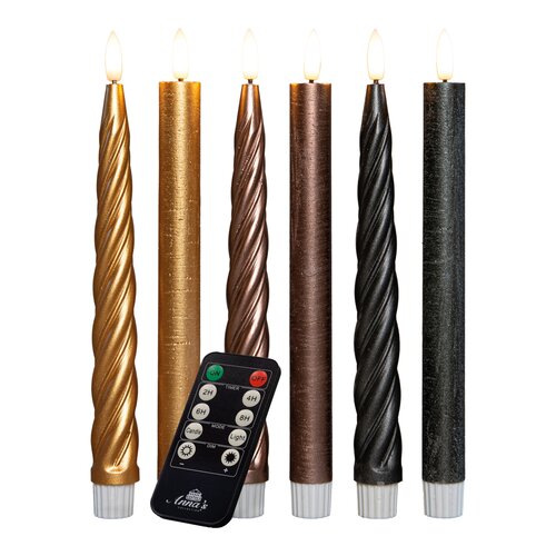 Anna's Collection LED-dinerkaarsen glad en swirl - H23cm Goud 6 stuks - afbeelding 1