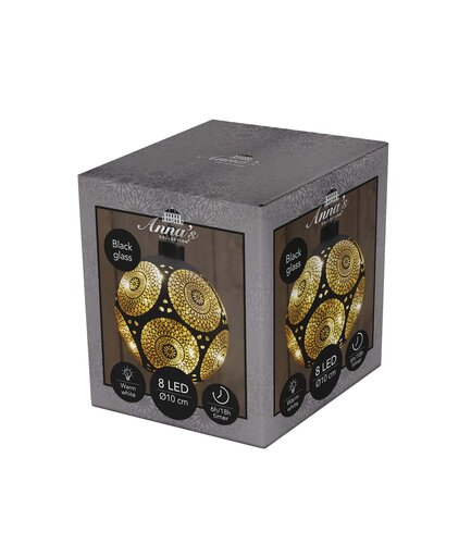 Anna's Collection LED-kerstbal glas cirkelmotief - D10cm Zwart - afbeelding 2