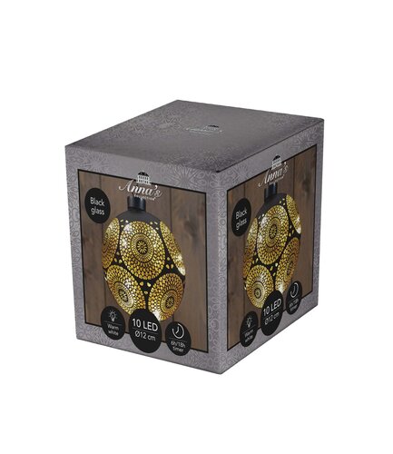 Anna's Collection LED-kerstbal glas cirkelmotief - D12cm Zwart - afbeelding 2