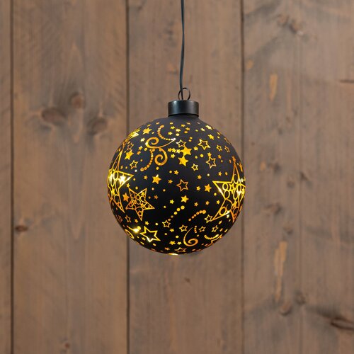 Anna's Collection LED-kerstbal glas sterrenmotief - D12cm Zwart - afbeelding 3