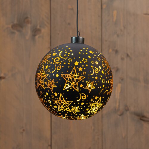 Anna's Collection LED-kerstbal glas sterrenmotief - D15cm Zwart - afbeelding 3