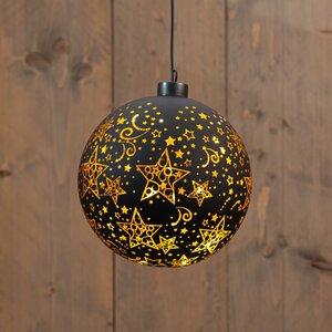 Anna's Collection LED-kerstbal glas sterrenmotief - D15cm Zwart - afbeelding 3