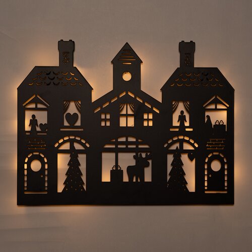 Anna's Collection LED-muurhanger kersthuizen - B40xH32cm Zwart - afbeelding 1