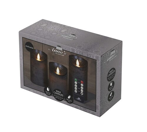 Anna's Collection LED-stompkaarsen bewegende vlam - H10/12,5/15cm Antraciet 3-delig - afbeelding 2