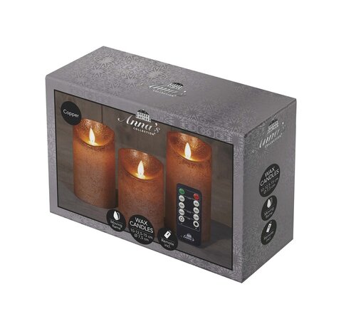 Anna's Collection LED-stompkaarsen bewegende vlam - H10/12,5/15cm Koper 3-delig - afbeelding 2