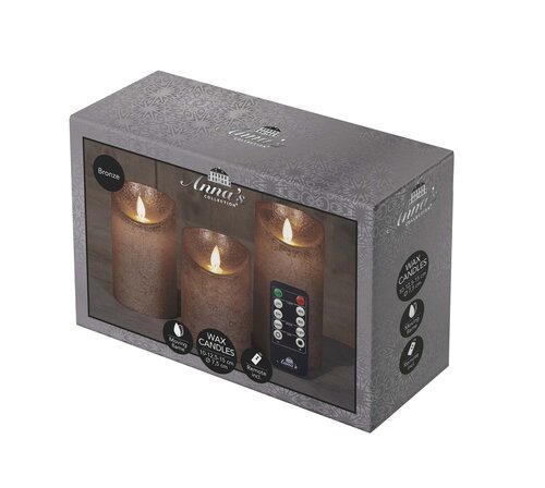 Anna's Collection LED-stompkaarsen bewegende vlam - H10/12,5/15cm Brons 3-delig - afbeelding 2