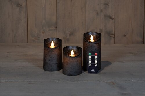 Anna's Collection LED-stompkaarsen bewegende vlam - H10/12,5/15cm Antraciet 3-delig - afbeelding 3