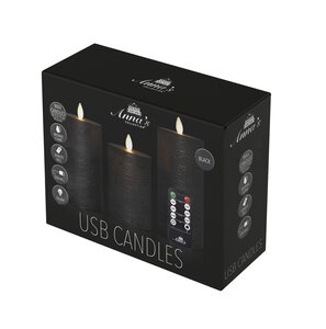 Anna's Collection LED-stompkaarsen oplaadbaar - H10/12,5/15cm Zwart 3-delig - afbeelding 2
