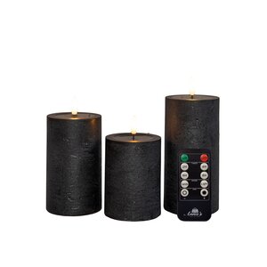Anna's Collection LED-stompkaarsen oplaadbaar rustiek met 3D-vlam zwart - set van 3 - H 10/12,5/15 x D 7,5 cm - afbeelding 1