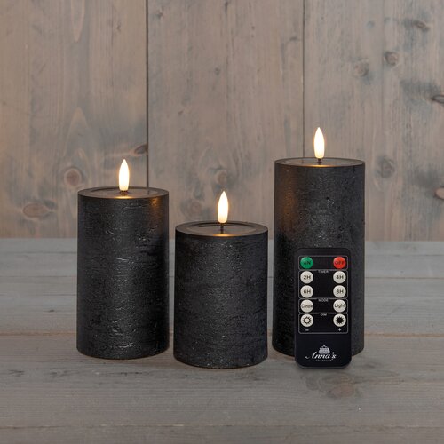 Anna's Collection LED-stompkaarsen oplaadbaar rustiek met 3D-vlam zwart - set van 3 - H 10/12,5/15 x D 7,5 cm - afbeelding 2