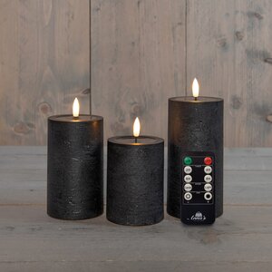Anna's Collection LED-stompkaarsen oplaadbaar rustiek met 3D-vlam zwart - set van 3 - H 10/12,5/15 x D 7,5 cm - afbeelding 2