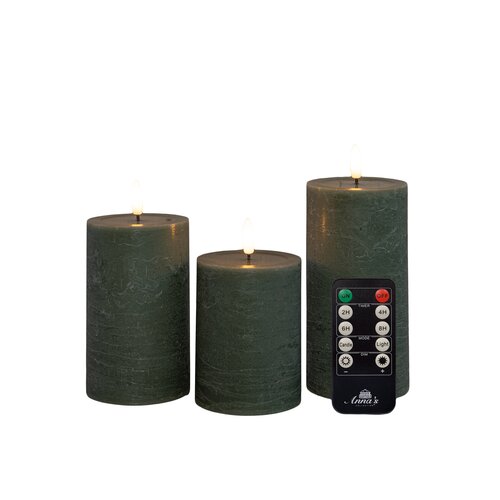 Anna's Collection LED-stompkaarsen oplaadbaar rustiek met 3D-vlam jade - set van 3 - H 10/12,5/15 x D 7,5 cm - afbeelding 1