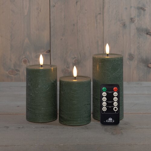 Anna's Collection LED-stompkaarsen oplaadbaar rustiek met 3D-vlam jade - set van 3 - H 10/12,5/15 x D 7,5 cm - afbeelding 2