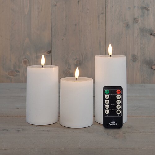 Anna's Collection LED-stompkaarsen oplaadbaar rustiek met 3D-vlam wit - set van 3 - H 10/12,5/15 x D 7,5 cm - afbeelding 2